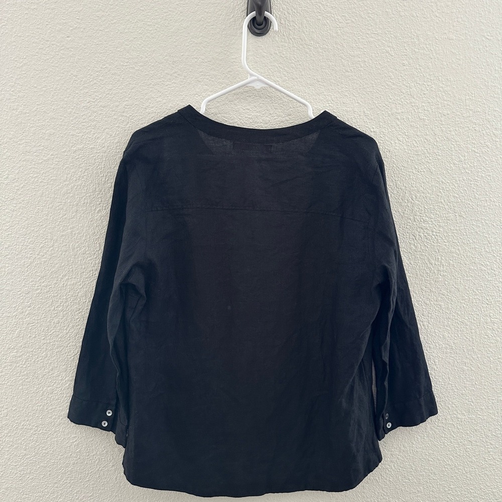 Tulsi Button Up Blouse Womens Large Black 100% Linen 3/4 Sleeve Split Neck Airy - Picture 6 of 8